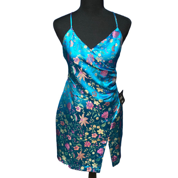 Lulus Iridescent Satin Floral Dress Blue Small Y2K Prom Party Slip Colorful NWT - Picture 3 of 8